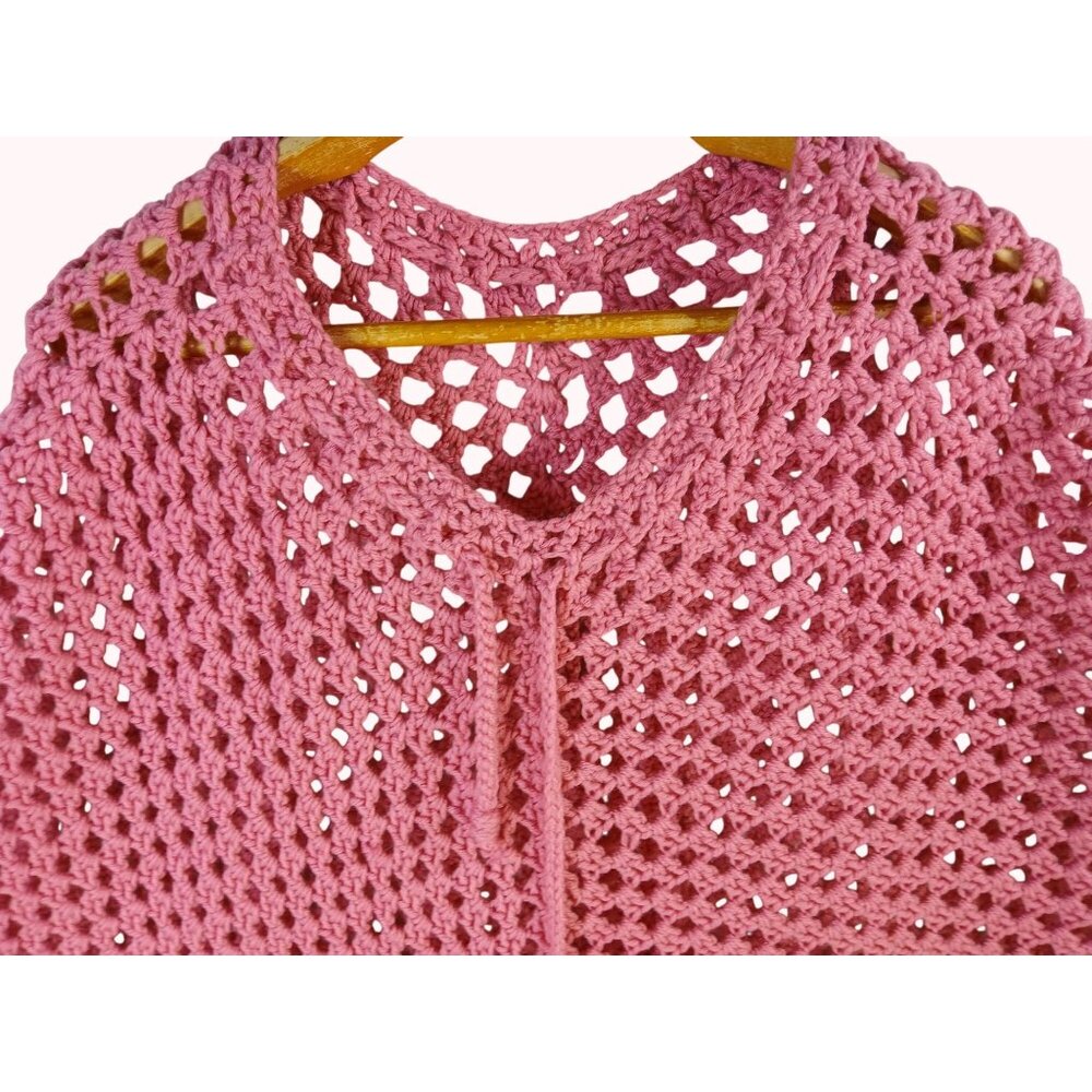 Bohemian Retro Light Pink Crochet Poncho Tie Adjustable Cottagecore Festival OS - Picture 4 of 6